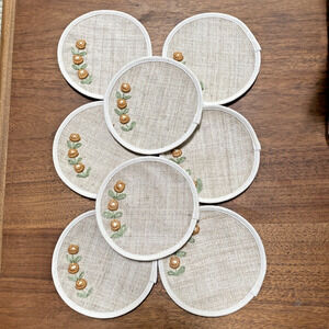 Retro Tiki Barware Woven Coasters Matching Set of 8 Burlap & Flowers Embroidery